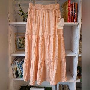 Halston Women's Linen Skirt Peach Tiered Midi Skirt Boho Coastal Beach Small